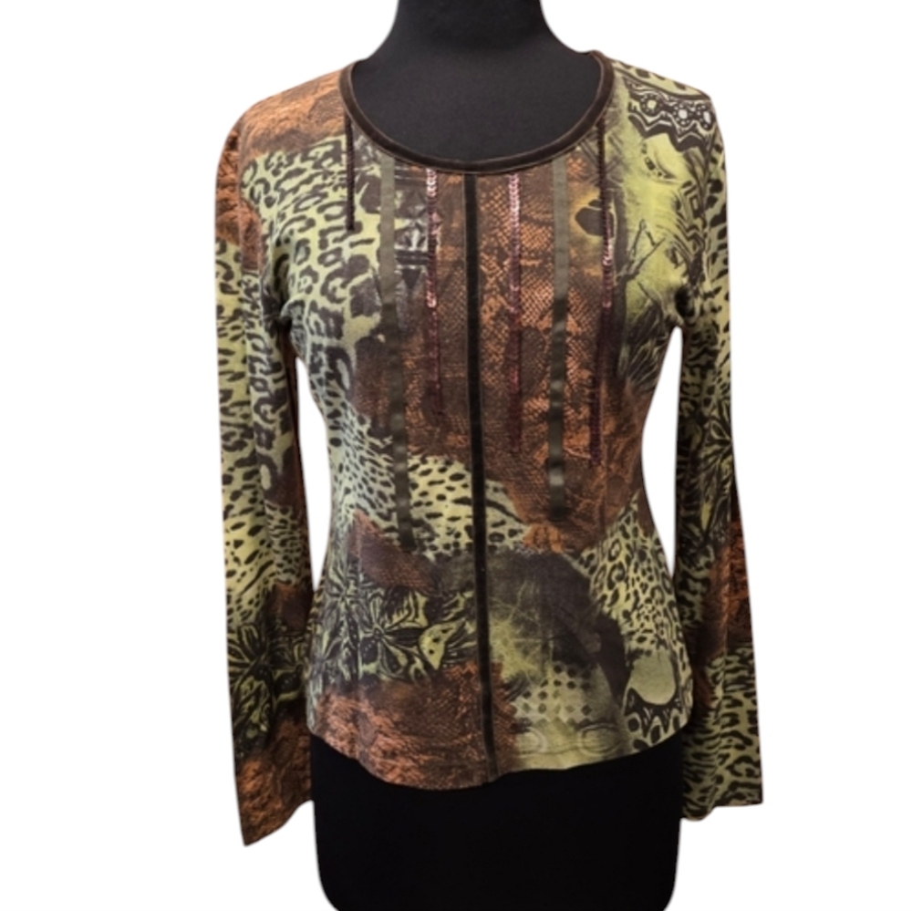 Vintage Euro Top Green & Brown Animal Print Long Sleeve Blouse Sequin Y2K Grail